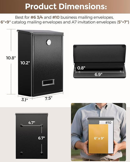 LAND·VOI Locking Wall-Mount Mailbox for Outside, with 4 Keys, Galvanized Steel Rustproof Metal Postbox, 3.1" Dx7.5 Wx10.8 H, Includes 3 Sets of Mailbox Numbers, Nameplate, Black, AMB32B