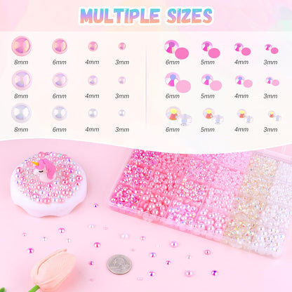 14000Pcs Flatback Pearls and Rhinestones for Crafting, Pink White Mixed Size 3-8mm Resin Rhinestones and Half Pearls for Bedazzling, Nail Art and Decoration with 3pcs B7000 Jewelry Glue