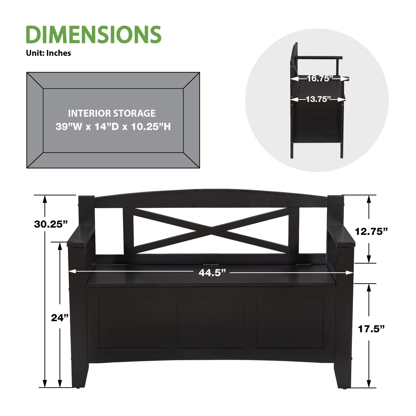 OSP Home Furnishings Metro X-Back Style Wood Entry Way Bench with Storage, Black finish