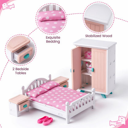 BABESIDE Mini Dollhouse Bedroom Furniture Set,7 PCS Pink Wooden Doll House Accessories for 3 Inch Dolls with Bed, Nightstands, Wardrobe, Pillows & Mattress – Gift for Girls, Kids Miniature Room Toy