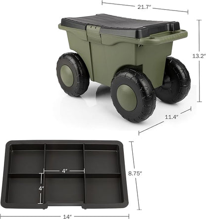 Pure Garden Rolling Garden Cart with Seat - Plastic Storage with Bench and Interior Tool Tray - Gardening Stool for Weeding and Planting (Green)