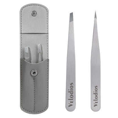 Velodios Tweezers for Eyebrows, Pointed Tweezers for Women Facial Hair, Ingrown Hair Removal, Slanted and Pointed Tip Tweezers Set with PU Travel Case, Premium Stainless Steel