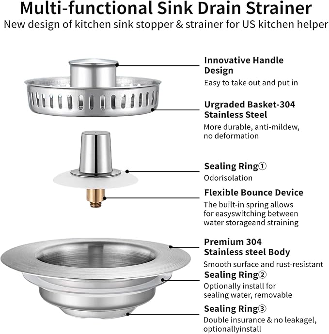 3-in-1 Kitchen Sink Drain Strainer : Pop Up Sink Stopper, 304 Stainless Steel