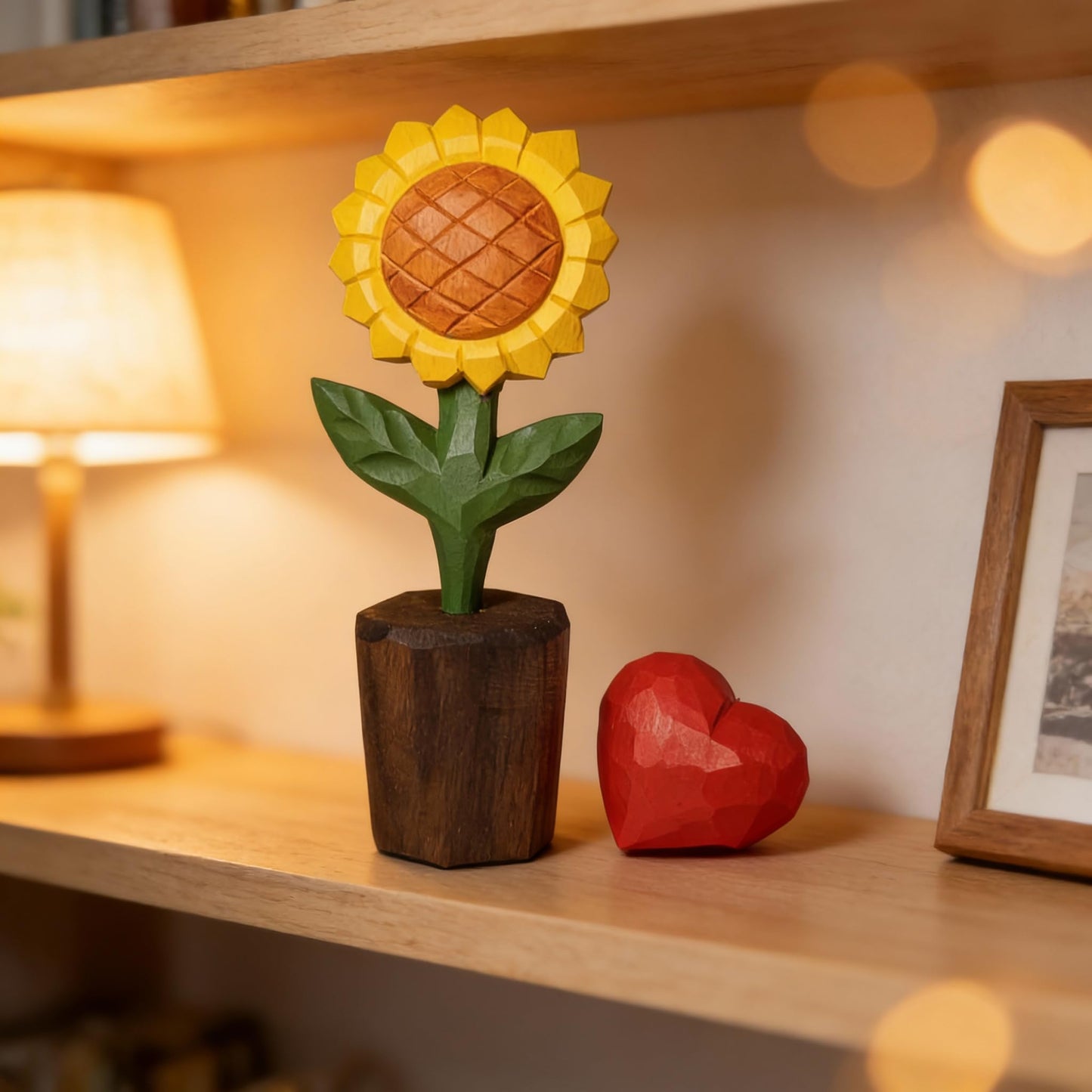 WOODEN ISLANDS Hand-Carved Wooden Flower with Red Heart - Handcrafted Everlasting Wood Sculpture - 5th Anniversary, Valentine's Day, Birthday Gift for Her - Gift Box Included (Yellow Sunflower)