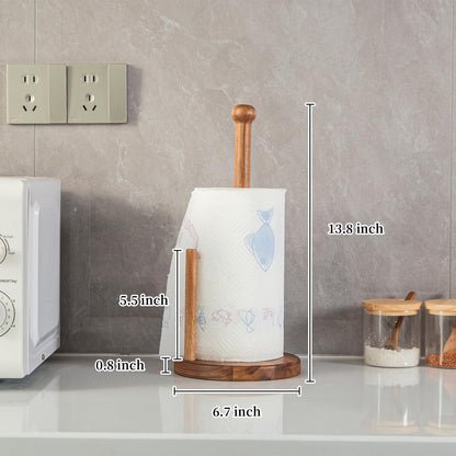 MornHalo 14.3" Acacia Wooden Paper Towel Holder, 6.7" Large Heavy Base Wooden Kitchen Roll Stand Organizer Free Standing, Rustic Farmhouse Paper Towel Holder Stand, Standing Paper Towel Roll Holders