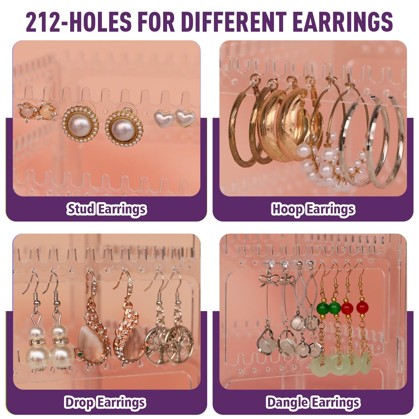 24Aug 360° Rotating Jewelry Organizer Stand with 5 Layers,Acrylic Earring Holder Organizer Stand,212 Holes and 212 Grooves for Studs,Dangly Earrings,Chains,Bracelets,Necklace