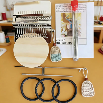 Complete Darning Loom Kit for Clothes Repair & Mini Weaving | Includes Wooden Loom, 14 Needles, Elastic Bands, Stitch Markers | Portable Sewing/Mending Tool for Socks, Sweaters