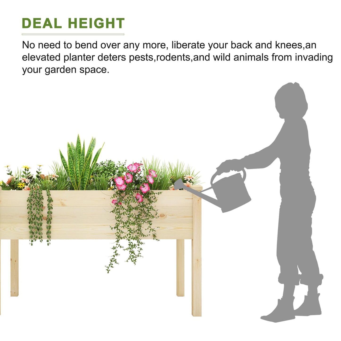BIRASIL Outdoor Raised Garden Bed, Wood Planter Box for Vegetable Flower, Elevated Reinforced Large Garden Planters Boxes for Backyard Patio Gardening Balcony (48.5”L, Natural Wood)
