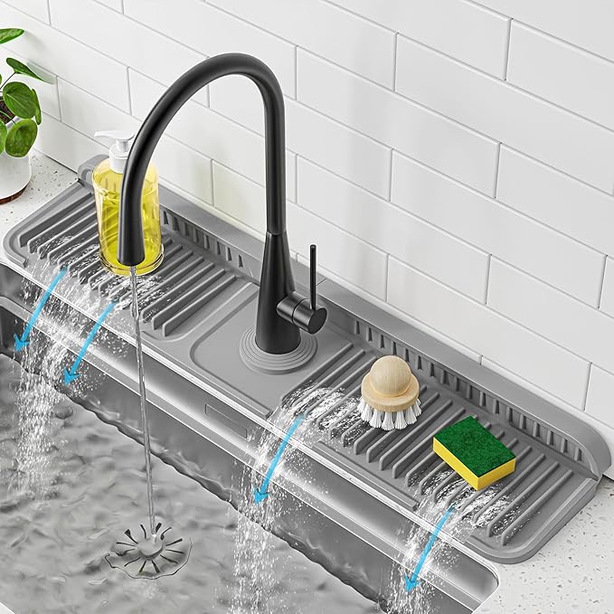 PoYang 24 inch Faucet Mat for Kitchen Sink Splash Guard, 7° Slope Silicone Sink