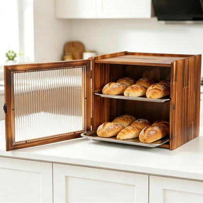 Keeswin 2-Layer Wooden Bread Box for Kitchen Countertop with Removable Tray