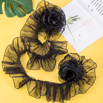 ANCIRS 3 Yards Organza Ruffled Pleated Lace Fabric Trim for Dress Collars Sleeves Halloween Costume Decoration Throw Pillow Decor Appliques Patches & Handmade DIY Sewing- Black