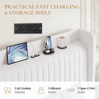 SHA CERLIN Queen Size Velvet Bed Frame with USB Charging Station, Wingback Storage Headboard, Upholstered Platform Bed with Wooden Slats Support, No Box Spring Needed, Easy Assembly, White
