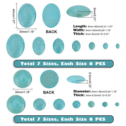 PH PandaHall 84pcs Synthetic Turquoise Stone Cabochons, 7 Sizes Blue Texture Gemstone Tiles Oval Flat Round Dome Bead Stone Cabochon Tile for Bracelet Necklace Earrings Cameo Jewelry Making, 6~40mm