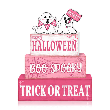 4 Pcs Pink Halloween Decor Indoor Wooden Tiered Tray Decorations, Pink Ghost Halloween Table Decor Farmhouse Tabletop Centerpieces for Farmhouse Home Kitchen Mantel Office