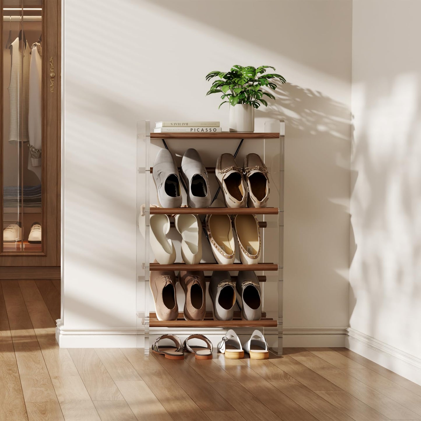 YQJJGL Shoe Rack, 4-Tier Slanted Shoe Shelf with Wooden Top Panel, Solid Wood and Acrylic Shoe Organizer Rack, Shoe Storage Rack Ideal for Entryway, Bedroom, Closet and Living Room (Walnut 19.5" W)