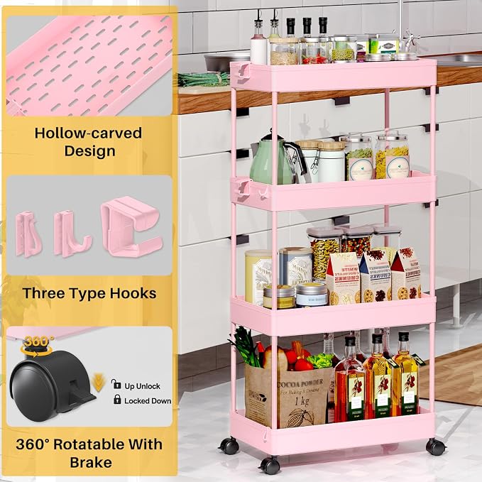 SPACELEAD 4 Tier Rolling Cart with Wheels, Storage Craft Art Trolley Organizer Serving, 3 Hanging Baskets Easy Assembly, for Office, Living Room, Kitchen