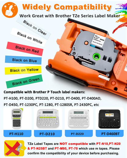6 Pack Replacement for Brother P Touch Label Maker Tape TZe Tz Tape 12mm 0.47 Laminated White/Clear/Red/Yellow/Blue/Green Compatible with Brother P-Touch Label Maker PT-D210 PT-H110 PT-D220