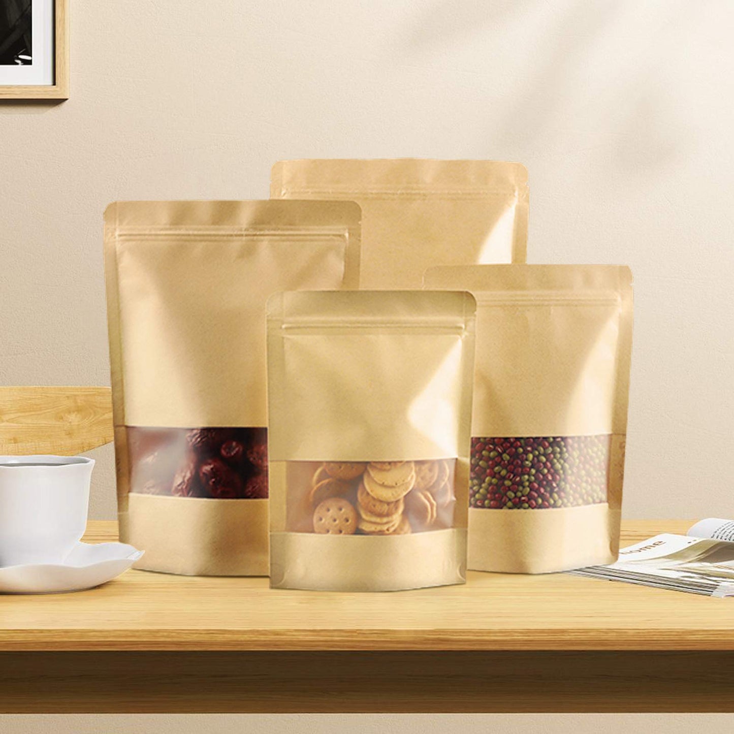 FireKylin 100 Pcs Paper Bags Resealable bags 3.5" x 5.5" Zipper Food Storage Bags, Stand Up, with Matte Window, Reusable, Sealable, for Packaging Products