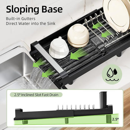 Small Dish Drying Rack, Mini Expandable Compact Dish Rack, Slim Extendable Stainless Steel Dish Drainer for Kitchen Plate Storage, Space Saving Dish Strainer in Sink or on Home Countertop, Matte Black