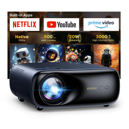 NexiGo PJ40 Ultra Outdoor Projector, Compatible with Netflix/YouTube/Prime Video, 800 ANSI Lumens, AI Image Enhancement, Native 1080p Video Projector, 20W Speaker, Auto Keystone