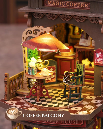 Merrifete Letter Coffee DIY Miniature House Kit with LED Light - Assembled Dollhouse Kit for Shelf Decor - Wood 3D Puzzles Tiny House Book Nook - Creative Gift for Adults at Birthday Christmas