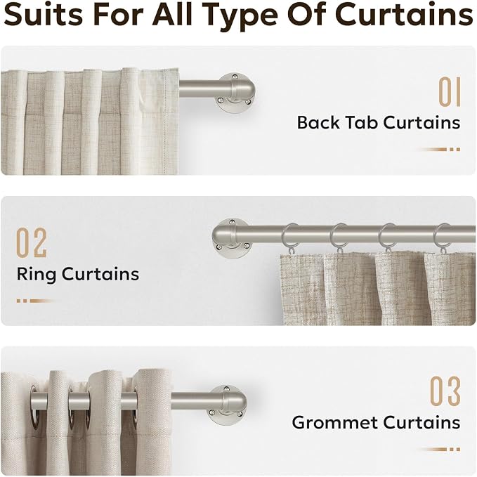 Zeerobee Curtain Rods for Windows 32 to 48, 1 Inch Industrial Wrap Around Brushed Nickel Curtain Rod, Indoor/Outdoor Room Divider Adjustable Drapery Pole, 32"-48"