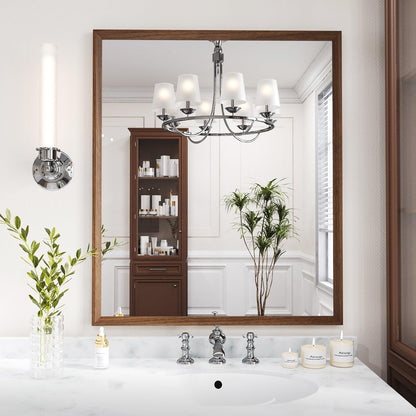 WEER Walnut Framed Mirror for Bathroom, 36x30 Inch Wall Mounted Mirror, Wood Grain Framed Vanity Mirror, Farmhouse Bathroom Mirror, Tempered Glass, Vertically or Horizontally, Anti-Rust