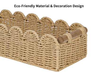 CubesLand Scalloped Edge Toilet Paper Storage Basket, Living Room Home Cozy Decor Basket, Paper Rope Small Baskets for Over Toilet Storage Shelf, End Table, Shelves, with 2 Wooden Handles, Beige