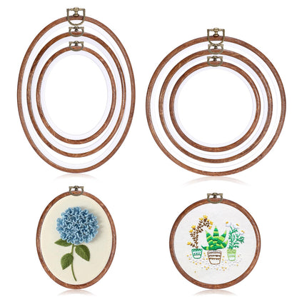 OwnMy 6PCS Embroidery Hoops with Hanging Rings - Decorative Imitated Wood Embroidery Hoop Frames for Display, 3 Oval and 3 Circle Cross Stitch Hoops for DIY Sewing Crafts