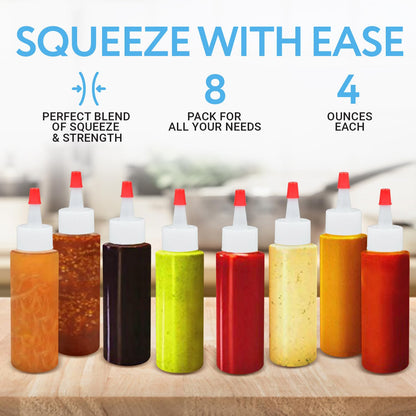 IMPRESA Plastic Squeeze Bottles - 4 Oz, Pack of 8, Clear - Mini Squeeze Bottles for Sauces, Condiments, Dressings, Camping & Travel - Cookie Decorating Supplies - Pancake Art Kit