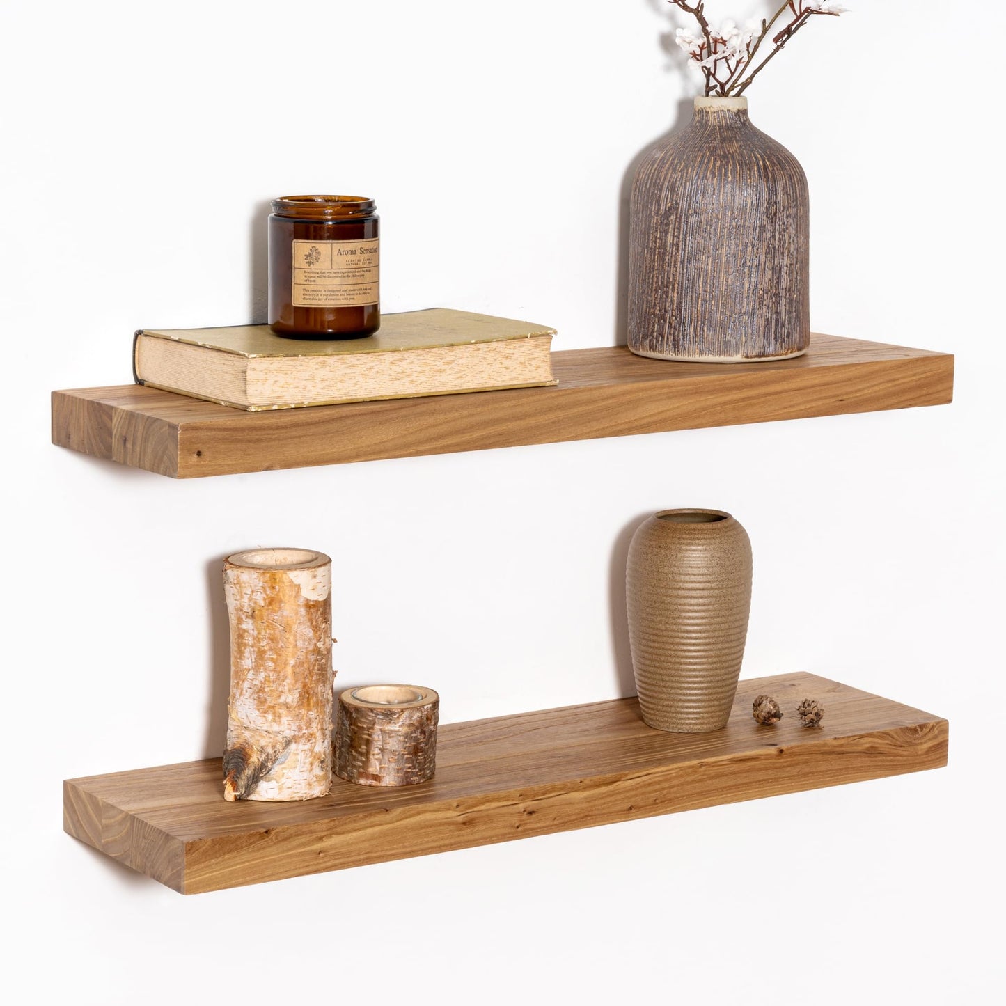 Fun Memories Wood Floating Shelves 24 Inch Long, Rustic Elm Wood Wall Shelves for Farmhouse, Living Room, Kitchen, Wall Mounted Bathroom Shelf Floating Shelf with Invisible Bracket Set of 2, Natural