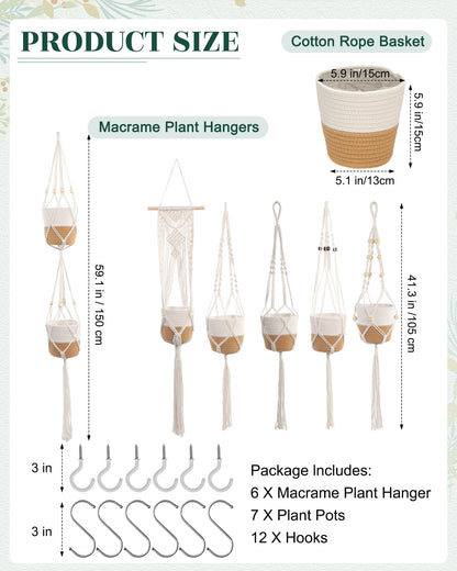 Janinka 7 Pack Hanging Planter Basket Set, Cotton Rope Macrame Woven Plant Hanger, Indoor Plant Boho Hanger Basket, Hanging Wall Plants Flower Pots with Hooks for Outdoor Home Decorations
