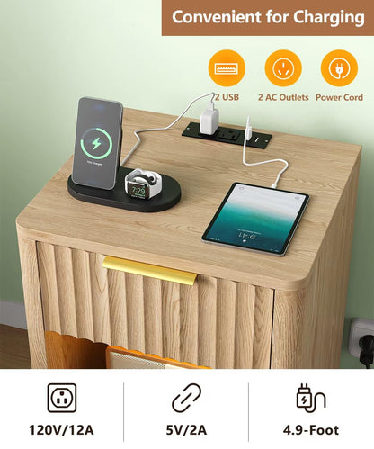 Zeibospri Fluted Nightstand Set of 2, Wooden Night Stand with Charging Station and LED Light, Modern Mid Century End Table with Drawer, Bedside Table for Bedroom, Natural Oak