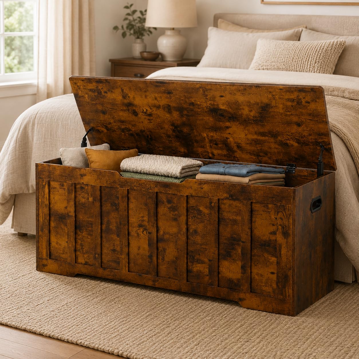 Simple Deluxe 47.2" Storage Chest for Bedroom, Extra Large Wooden Storage Trunk with 2 Safety Hinges, Entryway Storage Bench, Blanket Chest and Storage Benches for Living Room, Hallway, Brown