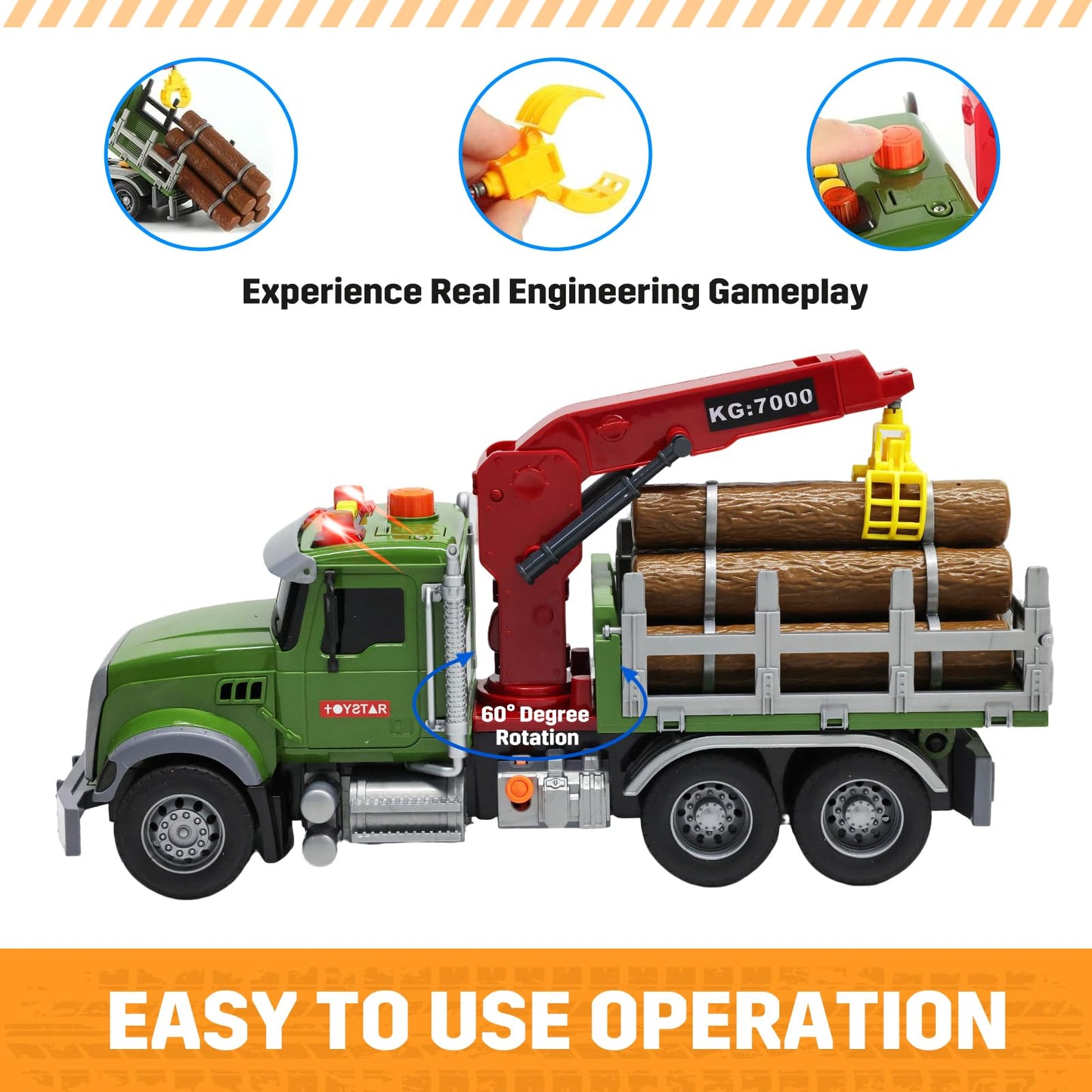 MAJCL 15" Large Timber Truck with Loading Crane and 6 Wooden Trunks, Realistic Logging Truck Toy for Kids Ages 3-5, Toy for Boys, Birthday Gift for Toddlers