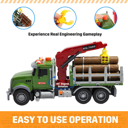 MAJCL 15" Large Timber Truck with Loading Crane and 6 Wooden Trunks, Realistic Logging Truck Toy for Kids Ages 3-5, Toy for Boys, Birthday Gift for Toddlers