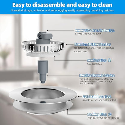 Hibbent 3 in 1 Kitchen Sink Drain Strainer, Stainless Steel Wrapped Shell Drain