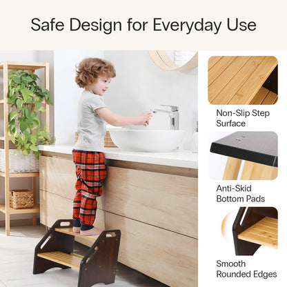 StrongTek Bamboo Kids Step Stool with Handles, 15" Wide Non-Slip Steps, 350 lb Capacity, Portable 2-Step Wooden Footstool, Easy to Assemble & Clean, Ideal for Bathroom, Kitchen, Sink & Toilet
