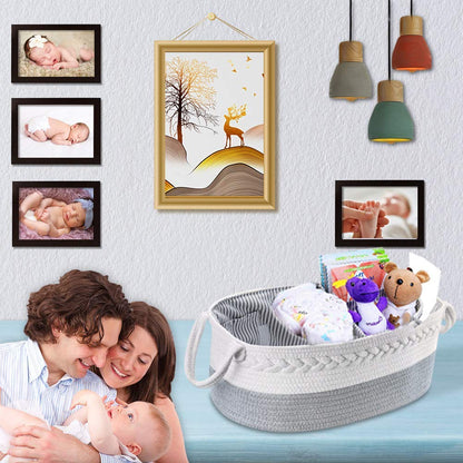 Lzellah Baby Diaper Caddy Organizer - Extra Large Nappy Caddy Rope Nursery Storage Bin - Baby Basket with 8 Pockets, 5 Compartments and 2 Removable Dividers