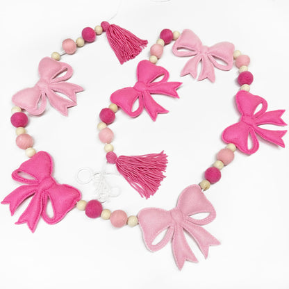 Pink Bow Decorations Pre-Strung Felt Handmade Bow Banner Wool Felt Ball Wooden Bead Bow Garland Streamer for Nursery Classroom Home Mantle Fireplace Decor Baby Shower Coquette Birthday Party Supplies