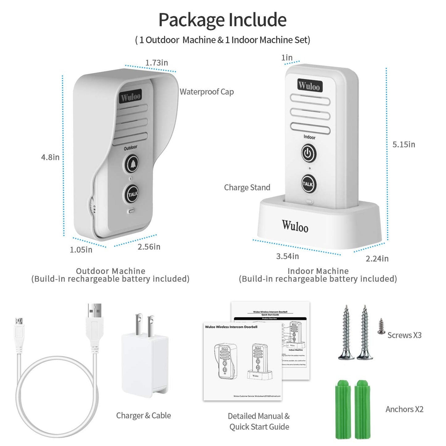 Wireless Intercom Doorbells for Home Classroom, Wuloo Waterproof Electronic Doorbell Chime with 2640 Feet Range 3 Volume Levels Rechargeable Battery (1&1-Black)