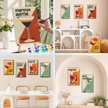 4 Pack Framed Paint by Numbers Kit for Adults with Wooden Easel, Cocktail Paint by Numbers with Frame for Beginner, Retro Cocktail Adult Paints by Number Kits on Canvas Framed for Wall Decor 8 x 12 In
