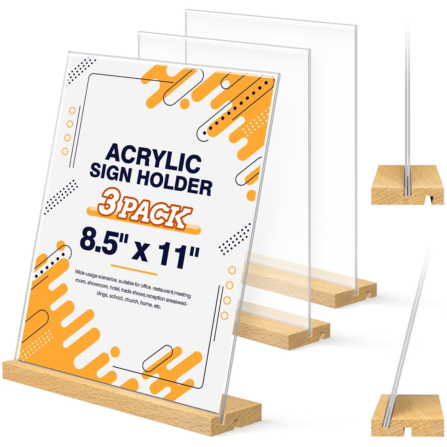 SVOPY 8.5 x 11 Acrylic Sign Holder with Wood Base - Tabletop Display Menu Stand - Clear Plastic L/T Shape Vertical or Slant Back Paper Holders - 3 pack
