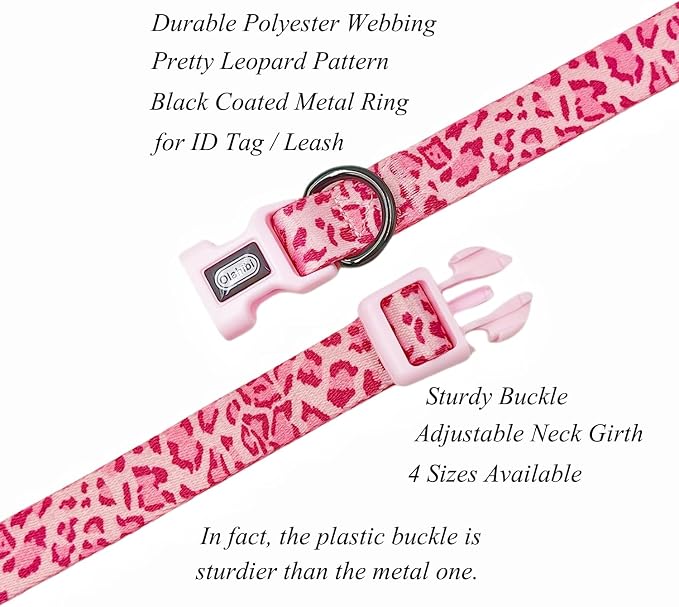 Dog Collar Leash Set, Leopard Pattern, Polyester Material, Adjustable Collar and 5ft Matching Leash, for Medium Dogs.(M, Pink Leopard)