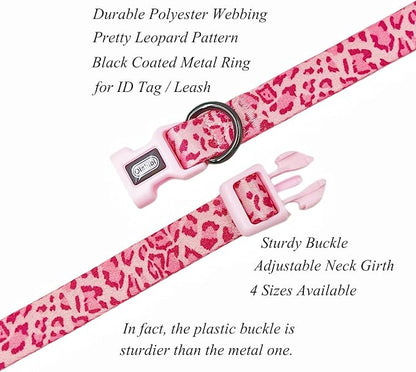 Dog Collar Leash Set, Leopard Pattern, Polyester Material, Adjustable Collar and 5ft Matching Leash, for Medium Dogs.(M, Pink Leopard)