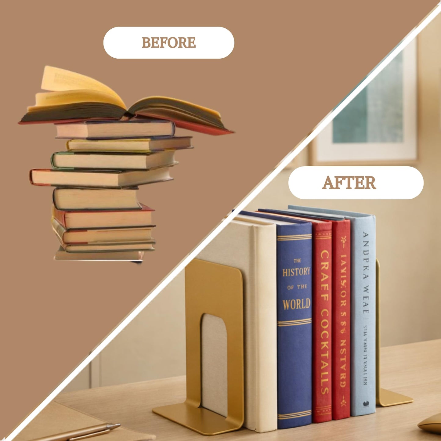 Alessk Dark Matte Gold Bookends for Shelves, Heavy Duty Metal Bookends Supports Heavy Books, Decorative Gold Stops for Home or Office Decoration - 3 Pairs (6 Pieces).