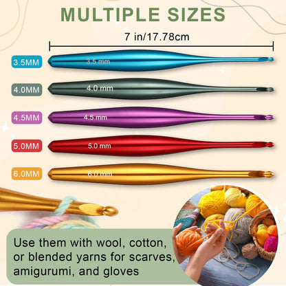 Rivvlive 5 Pcs Aluminum Crochet Hooks Set, 3.5mm-6.0mm Ergonomic Crochet Hooks with Non-Slip Hook for Arthritic Hands, Beginners, Crocheting Lovers, Ideal Crochets Gift for Mother Women DIY Craft