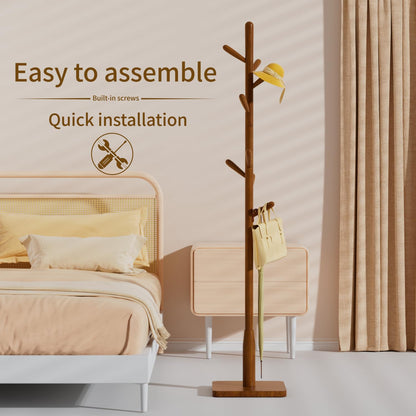 Awatiwa Solid Wood Square Base Coat Rack, Free Standing Hall Coat Tree with 8 Hooks（+2 spare for Coats, Hats, Bags, Purses, for Entryway, Hallway, Rubberwood Hooks,Base and Pole,(Square Base,Brown)