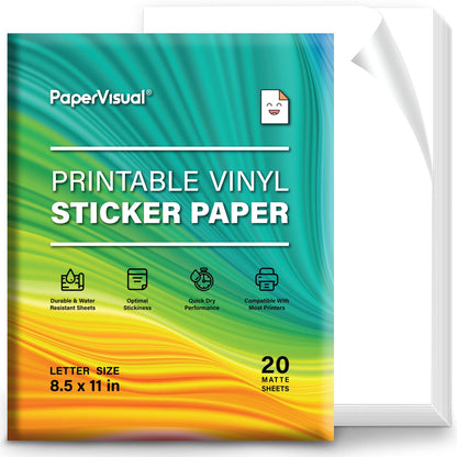 Premium Printable Vinyl Sticker Paper for Inkjet and Laser Printer - 20 White Matte Sticker Paper Waterproof - Excellent Adhesion Paper 8.5 x 11, Fast Dry, Holds Ink Well, Great for Cutting Machines
