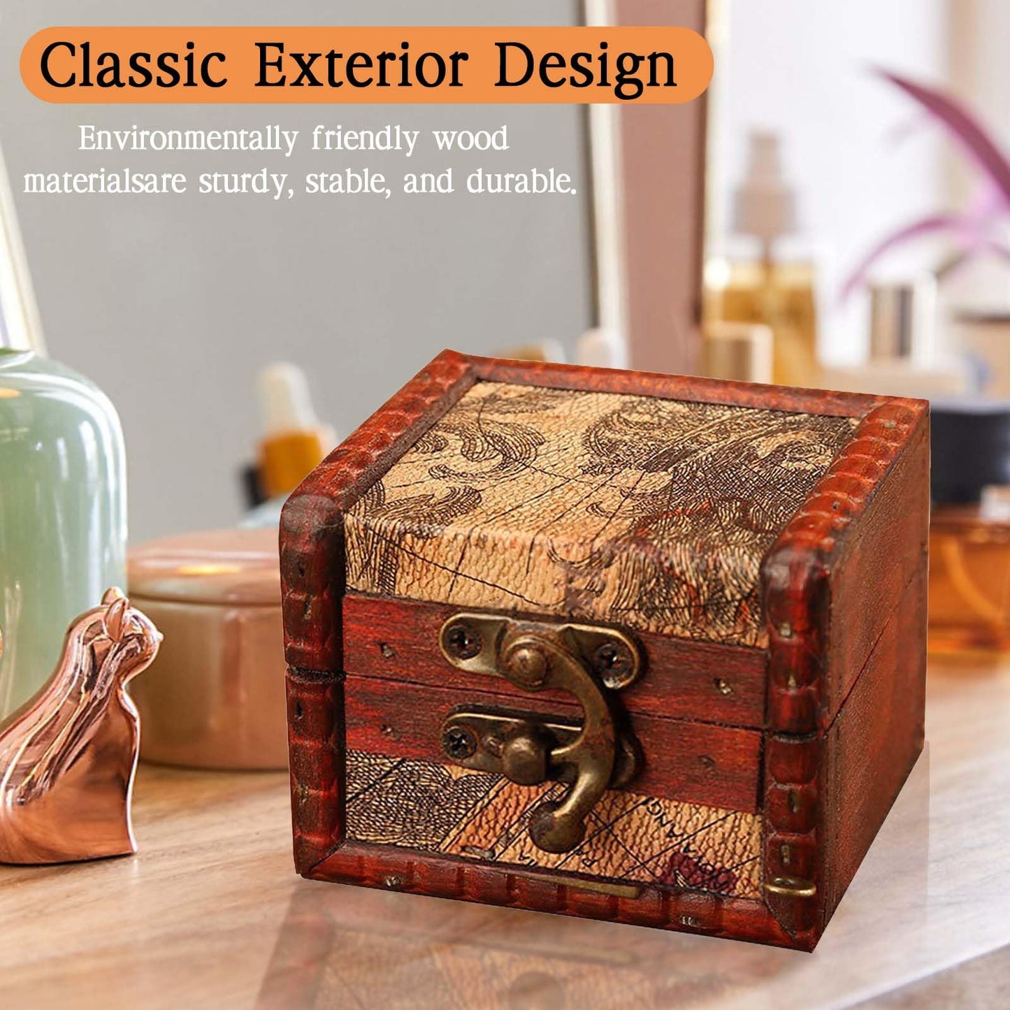 GemJelry Wooden Jewelry Box, Classical Wood Jewlery Box Jewelery Storage Box Case Holder Jewellery Chest Mom Gifts Antique Trinket Organizer Treasure Box for Women Girls Ring Necklace Earring